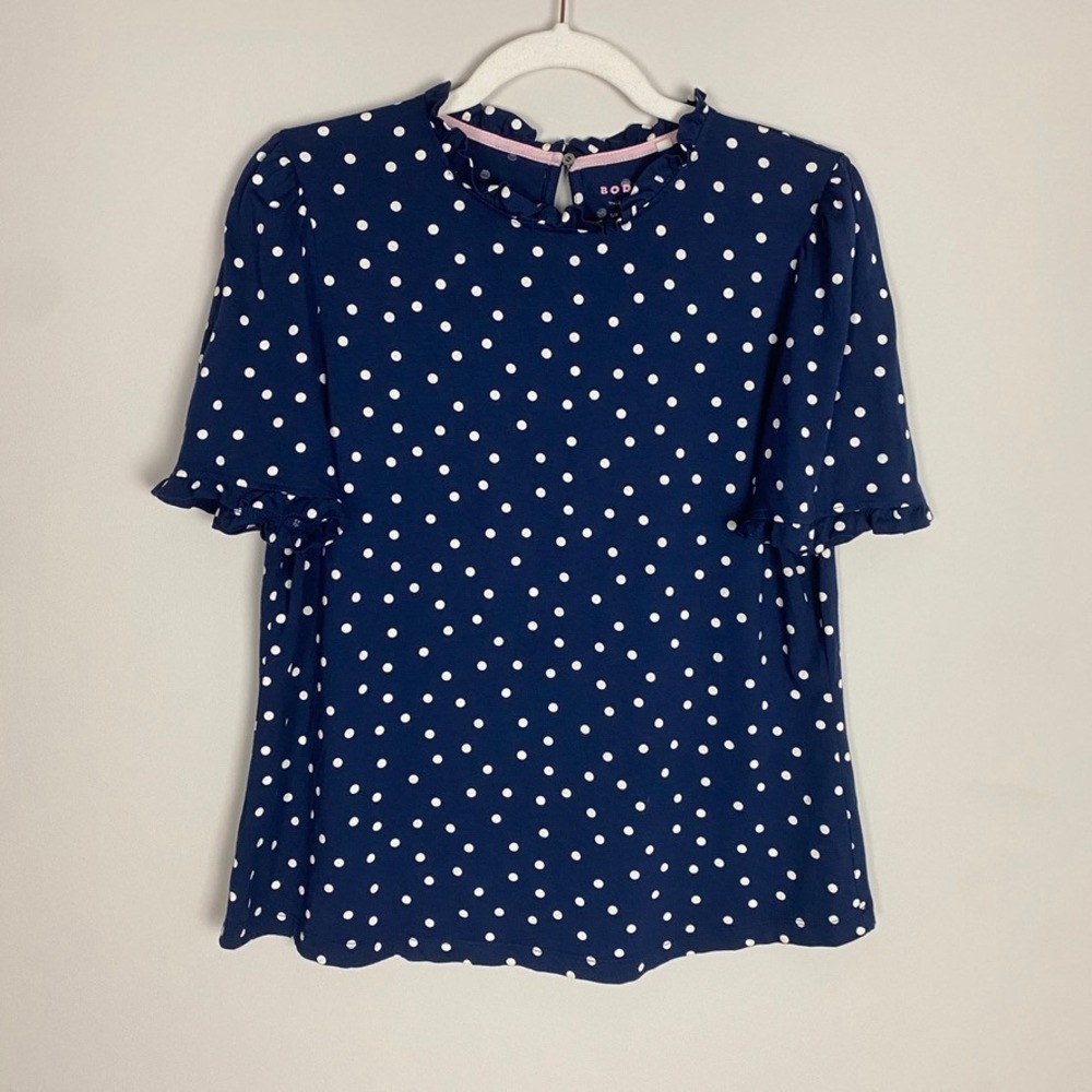 Boden Polka Dot Ruffle Neck Top Womens 12 Navy Short Sleeves Jersey Blouse